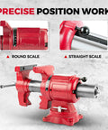 5 Inch Upgraded 360 Degree Positioning Bench Vise With 8800 Lb Clamp, Heavy Duty Ductile Iron Body, 60000 PSI Strength, Blue Powder Coat Finish, Zinc Plated Spare Parts, Precise Jaw And Rock Solid Grip. red 5 inch bench vise with round and straight scale