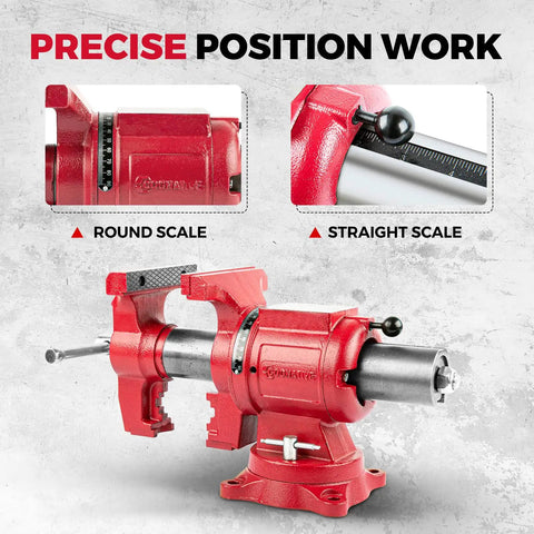 5 Inch Upgraded 360 Degree Positioning Bench Vise With 8800 Lb Clamp, Heavy Duty Ductile Iron Body, 60000 PSI Strength, Blue Powder Coat Finish, Zinc Plated Spare Parts, Precise Jaw And Rock Solid Grip. red 5 inch bench vise with round and straight scale