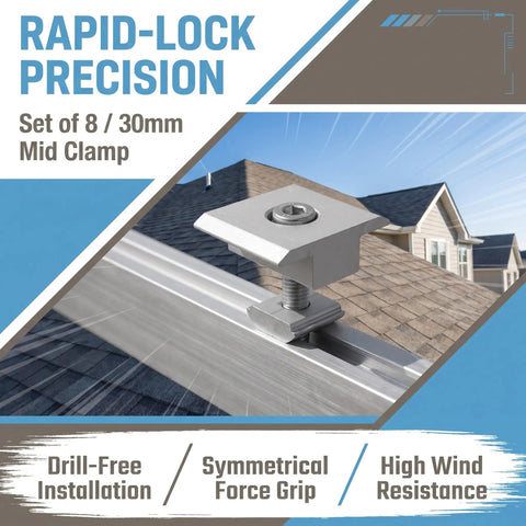 Premium Aluminum Solar Panel Mid Clamp Bracket For Roof Mount No Drill Setup No Sweat Slide Nut Design Bulletproof Hold For Single And Double Glass Photovoltaic Arrays 8 Piece Set close-up on installed mid clamp showing drill-free setup and grip.