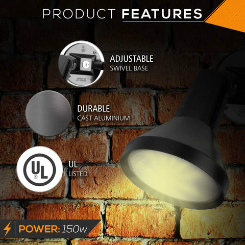 Two Pack Outdoor Security Flood Lights 150W PAR38 Heavy Duty Cast Aluminum Housing Weatherproof Black Finish Two Head Floodlight Set For Yard Porch Driveway Quick Install Durable Outdoor Lighting