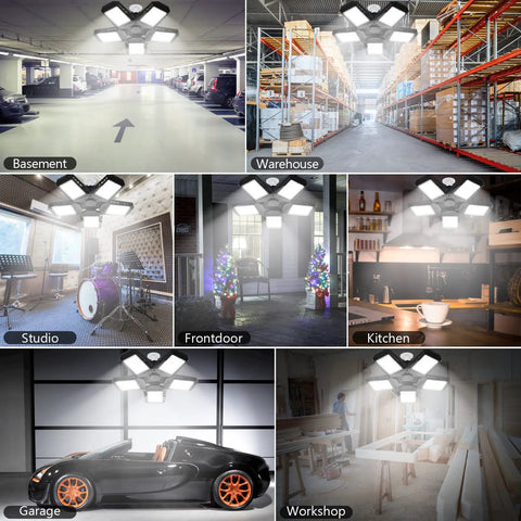 Deformable Five Panel LED Garage Light 120 W 12000 Lumens Bright As Day Shop Ceiling Light For Workshop Basement With E26 E27 Sockets Energy Saving No Flicker 2 Pack