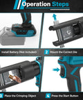 Operation steps for Heavy Duty Cordless Hydraulic Crimping Tool Compatible With Makita 18V Battery Including Eight Swappable Dies.