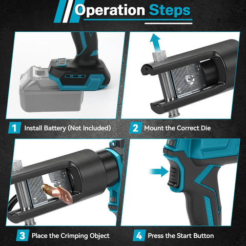 Operation steps for Heavy Duty Cordless Hydraulic Crimping Tool Compatible With Makita 18V Battery Including Eight Swappable Dies.