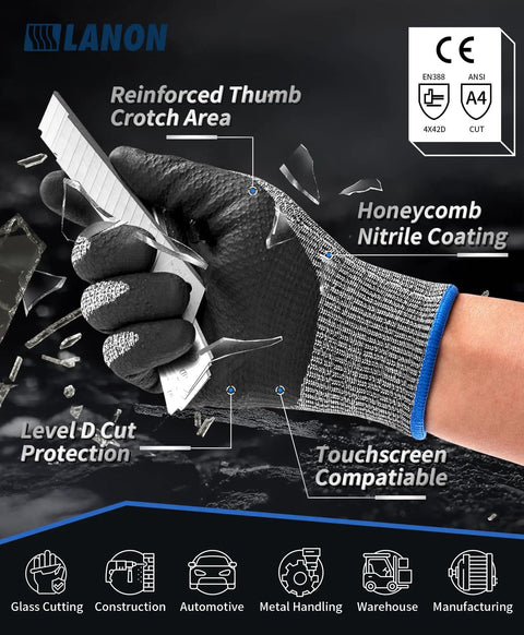 Built Tough Cut Resistant Work Gloves With HPPE And Metal Yarn Blend, Nitrile Honeycomb Coating For EN388 Level D Protection holding a knife