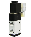Compact 1/4 Inch NPT 3 Way 2 Position Pneumatic Solenoid Valve DC 12V With Aluminum Body IP65 Rated, front view of black and silver body