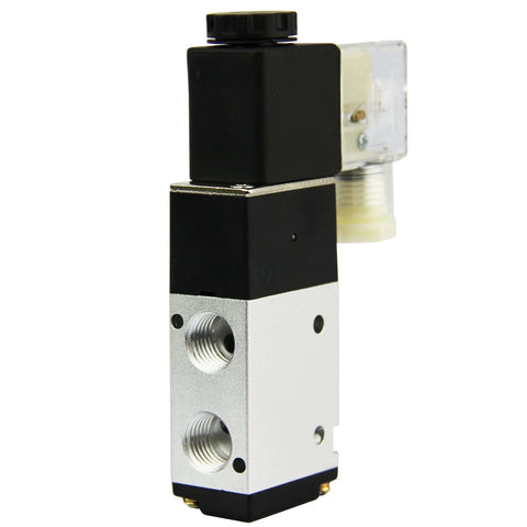 Compact 1/4 Inch NPT 3 Way 2 Position Pneumatic Solenoid Valve DC 12V With Aluminum Body IP65 Rated, front view of black and silver body
