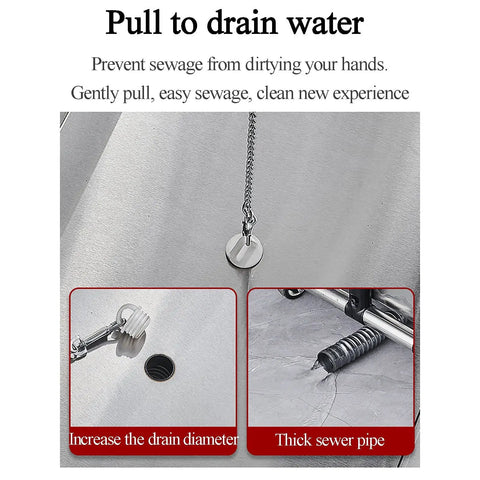 Pull chain drain system with large diameter and thick sewer pipe, demonstrating easy sewage drainage.