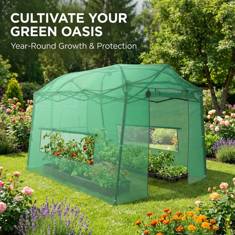 Walk In Pop Up Greenhouse For Indoor Or Outdoor Use 8.5 By 7 Ft Grow Tent With Zippered Doors Screen Windows Heavy Duty Frame And Weather Resistant PE Cover For Plants Veggies Herbs And Flowers