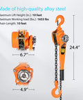Lever Chain Hoist 3/4 Ton 1650 Lbs Capacity 10 Feet With 2 Heavy Duty Hooks, side and bottom view showing alloy steel construction.