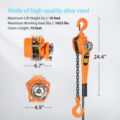 Lever Chain Hoist 3/4 Ton 1650 Lbs Capacity 10 Feet With 2 Heavy Duty Hooks, side and bottom view showing alloy steel construction.