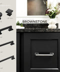 Black cabinet with sleek chrome pull from the Brownstone collection by Belwith Keeler, surrounded by various knob and pull sizes.