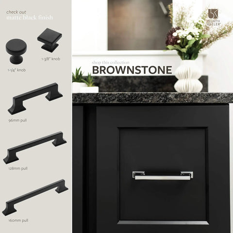 Black cabinet with sleek chrome pull from the Brownstone collection by Belwith Keeler, surrounded by various knob and pull sizes.