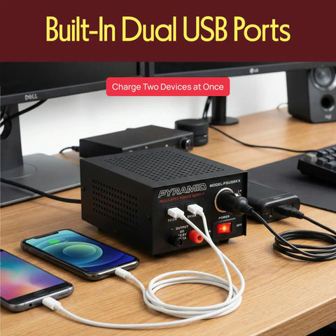 Beefy 7 Amp Benchtop Power Supply For Home Lab, Regulated AC To DC Converter With 13.8 Volt DC Output, dual USB ports charging devices
