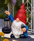 Garden Gnome Statue With Shovel And Lantern, Solar LED Lights That Glow At Night, Go To Outdoor Decor For Patio, Lawn