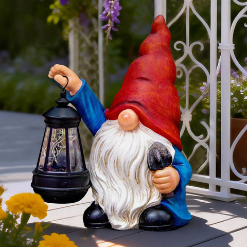 Garden Gnome Statue With Shovel And Lantern, Solar LED Lights That Glow At Night, Go To Outdoor Decor For Patio, Lawn