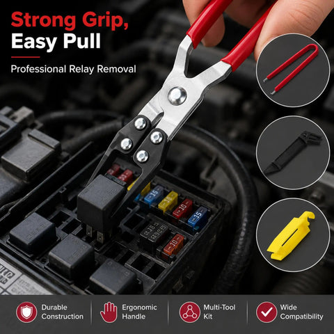 Four Piece Relay And Fuse Puller Set For Tight Spaces with red handle relay puller shown removing fuse from box.