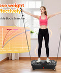 Woman using Vibration Plate Fitness Platform for Full Body Workout with exercise bands, weight loss chart visible
