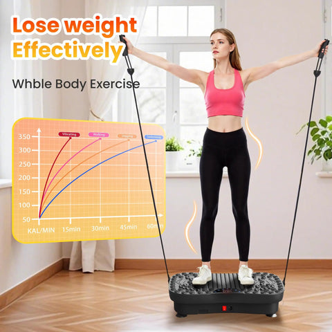 Woman using Vibration Plate Fitness Platform for Full Body Workout with exercise bands, weight loss chart visible