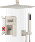 Ceiling Shower System With 10 Inch Rain Shower Head And Handheld Spray, brushed nickel, showing faucet set and pressure balance valve