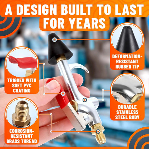 Badass Stainless Steel Air Nozzle Blow Gun For Compressor Systems High Pressure Dust Blaster With Five Point Three Inch Jet Tip slick durable stainless steel body with PVC coated trigger.