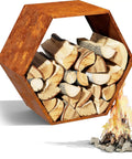 Hexagon Firewood Log Rack Built Tough With Honeycomb Design for wood storage, holding firewood by outdoor fire pit, durable steel.