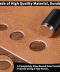 Five Piece Leather Hole Punch Set With Round Cutter Kit showing precise round holes in leather.