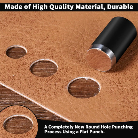 Five Piece Leather Hole Punch Set With Round Cutter Kit showing precise round holes in leather.
