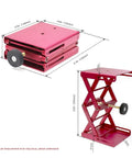Heavy Duty Aluminum Lab Jack Platform Lift Table With 4.8 By 5.5 Inch Platform Adjustable Height From 2.3 To 9.5 Inches Corrosion Resistant Reusable Precision Lift For Science Workbenches And Bench Top Tasks, shown folded and extended, red.