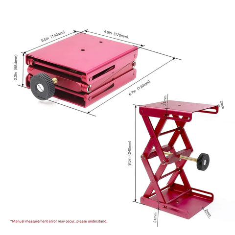 Heavy Duty Aluminum Lab Jack Platform Lift Table With 4.8 By 5.5 Inch Platform Adjustable Height From 2.3 To 9.5 Inches Corrosion Resistant Reusable Precision Lift For Science Workbenches And Bench Top Tasks, shown folded and extended, red.