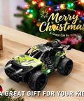 1:18 Scale RC Monster Truck For Kids 4 To 12 All Terrain Off Road Remote Control Car With LED Lights And Spray Fog 2.4GHz Fast Response Graffiti Jeep Toy Gift For Boys on wooden table with Christmas decorations