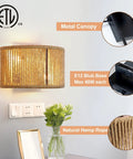 Rattan Wall Sconce Boho Light Fixture with Hand Woven Hemp Rope featuring metal canopy and E12 bulb base for warm ambient glow.