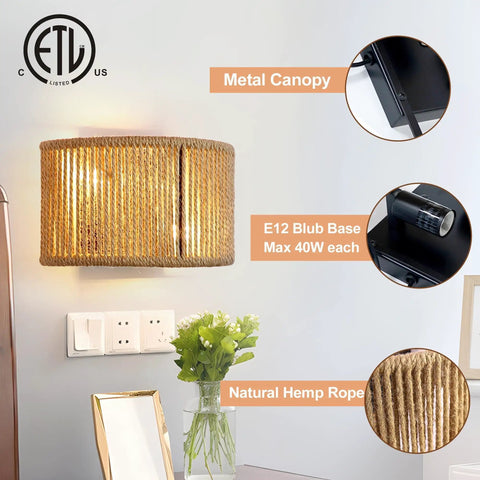 Rattan Wall Sconce Boho Light Fixture with Hand Woven Hemp Rope featuring metal canopy and E12 bulb base for warm ambient glow.