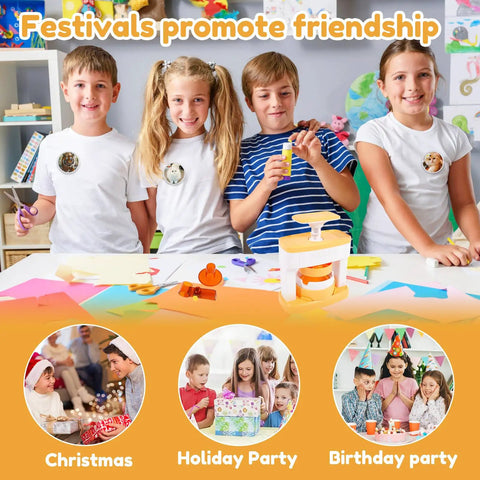 Children using DIY Button Maker Kit 2.16 Inch Pin Press Machine Set With 48 Button Parts for crafting at a party