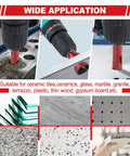 12 Piece Pro Grade Diamond Hole Saw Kit With 6 8 10 12 14 20 25 30 35 40 45 50 mm Serrated Brazing Tile Core Drill Bits Set With EVA Hole Saw Guide Jig For Ceramic Glass Tile Gypsum Marble Granite Dry And Wet Dual Use drilling into various materials.
