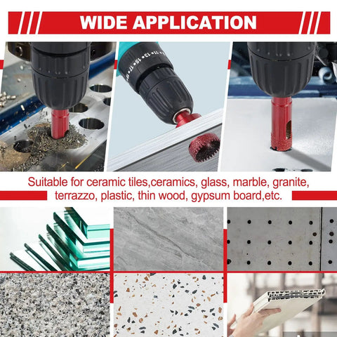 12 Piece Pro Grade Diamond Hole Saw Kit With 6 8 10 12 14 20 25 30 35 40 45 50 mm Serrated Brazing Tile Core Drill Bits Set With EVA Hole Saw Guide Jig For Ceramic Glass Tile Gypsum Marble Granite Dry And Wet Dual Use drilling into various materials.