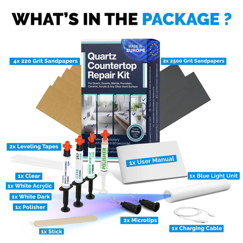 All-In-One Countertop Repair Kit For Quartz And Other Surfaces With Three Colors And Polisher Easy DIY Fix For Chips