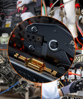 Pro Grade Open Barrel Crimping Tool Kit For Car Audio And Auto Wiring with wire crimper, terminals, and connectors in use.
