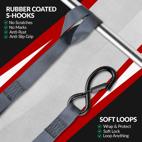 2 Pack Self Retracting Ratchet Tie Downs 1 Inch Wide 10 Feet Long With Auto Rewind 1200 Pound Break Strength rubber S-hooks