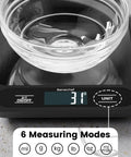 Ultra Thin Food Scale With 22 Pound Capacity And One Gram Precision For Baking And Cooking Six Measurement Units Clear LCD Display Easy To Clean Batteries Included Chef Grade Precision For Weight Loss And Meal Prep, showing digital reading with glass bowl on top.