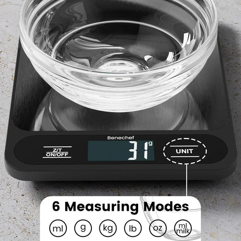 Ultra Thin Food Scale With 22 Pound Capacity And One Gram Precision For Baking And Cooking Six Measurement Units Clear LCD Display Easy To Clean Batteries Included Chef Grade Precision For Weight Loss And Meal Prep, showing digital reading with glass bowl on top.