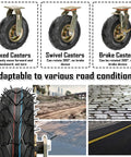 Rock Hard Heavy Duty Pneumatic Rubber Swivel Caster Wheels With Parking Brakes, showcasing fixed, swivel, and brake caster types.