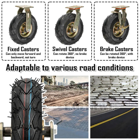 Rock Hard Heavy Duty Pneumatic Rubber Swivel Caster Wheels With Parking Brakes, showcasing fixed, swivel, and brake caster types.