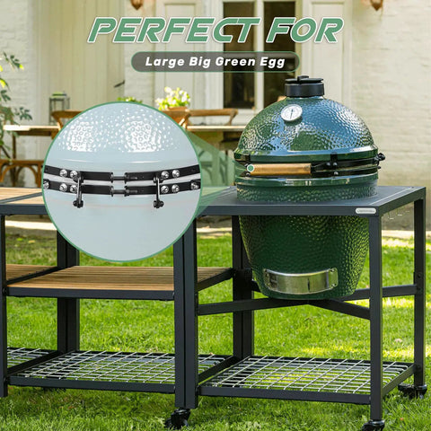 Level Up Your Backyard Grill Game With This Heavy Duty Replacement Band And Split Hinge Kit For Large Charcoal Pits featuring large green egg grill on metal stand.