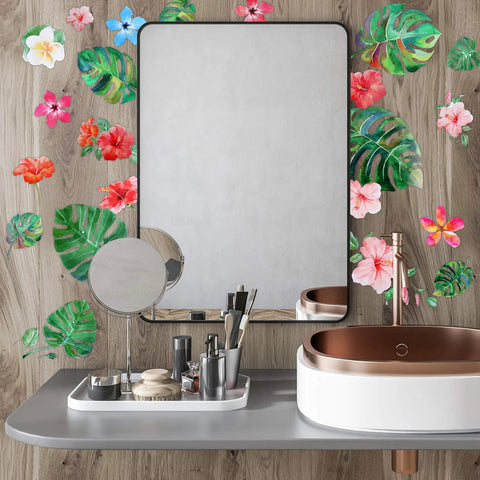 66 Pieces Large Hawaiian Floral Wall Decals Set With Palm Leaves And Hibiscus in bathroom decor, mirror background