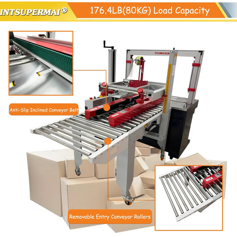 Automatic Carton Sealer And Strapper All In One Box Packing Station with anti-slip conveyor belt and rollers.