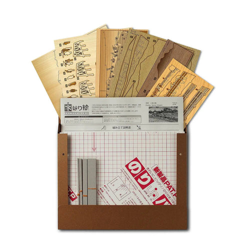 Dope Ukiyoe Art Kit With Japanese Sliced Wood Collage Materials For Kiharie Sanjyo Ohashi In Kyoto Inspired By Hiroshige Made In Japan A4 Size Hard Difficulty About 8 Hours Includes Cedar Cypress Ironwood Amur Cork, open kit showing wood sheets and instructions