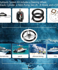 150HP Hydraulic Steering Kit With Wheel For Single Engine Boats Complete Marine System With Built In Two Way Lock Cylinder 26Ft Hoses And Pump Included For Pontoon Deck Runabout And Fishing Boats displayed with components