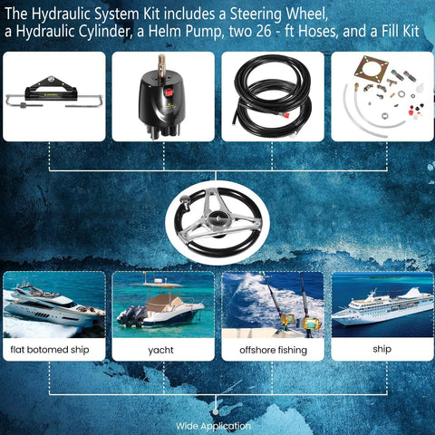 150HP Hydraulic Steering Kit With Wheel For Single Engine Boats Complete Marine System With Built In Two Way Lock Cylinder 26Ft Hoses And Pump Included For Pontoon Deck Runabout And Fishing Boats displayed with components