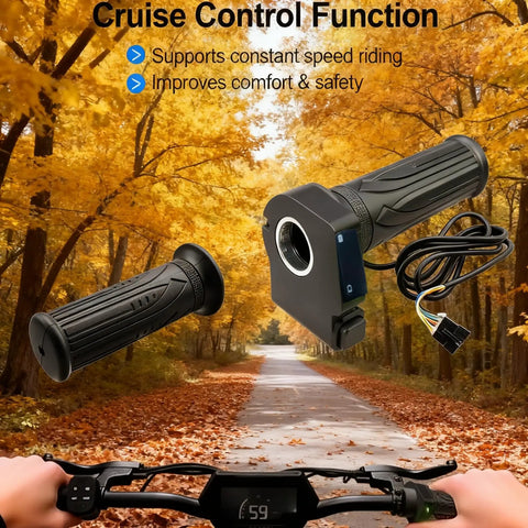 36V Twist Throttle Grip Replacement with LCD Voltage Display and Cruise Control Button, ergonomic grip in autumn background