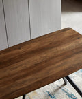 Modern Wood Top Dining Table With Sturdy Black Metal Base and Center Shelf For Kitchen Or Office with rounded edges.